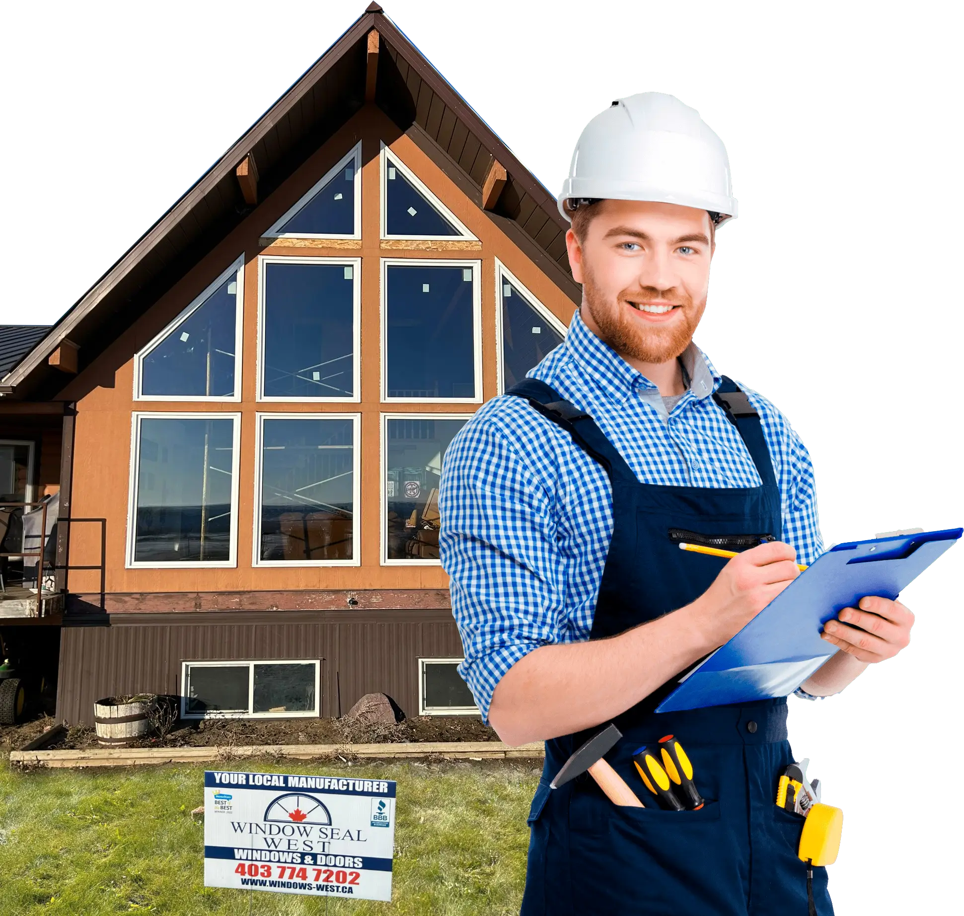 Smiling window installer in front of a modern home